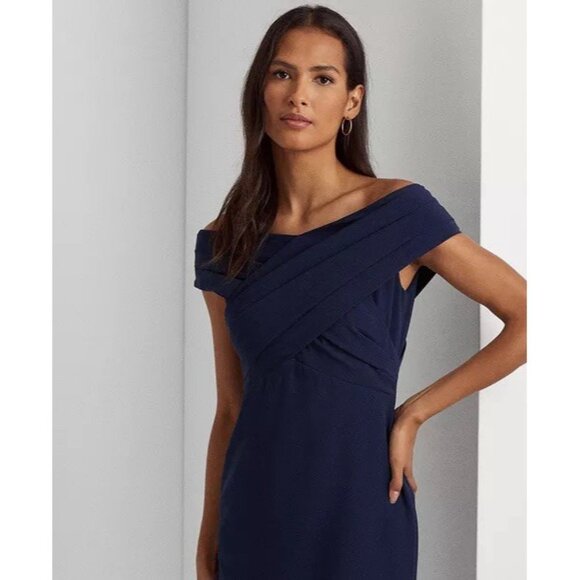 Ralph Lauren Womens Size 10 Navy Off-The-Shoulder Column Gown Maxi Dress Formal - Picture 3 of 14